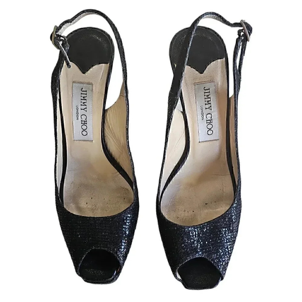 Jimmy Choo Nova Slingback sandal, black glitter, size 36.5, US = 5.5 - 6